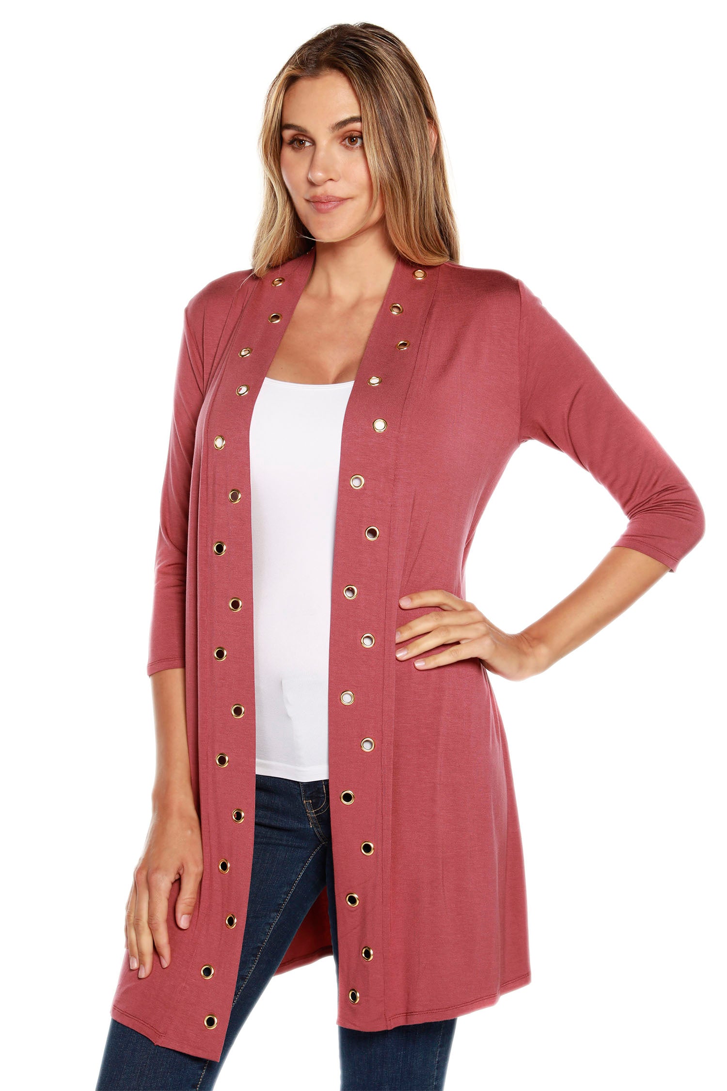 Women's 3/4 Sleeve Mid-Thigh Jersey Cardigan with Gold Grommet Trim