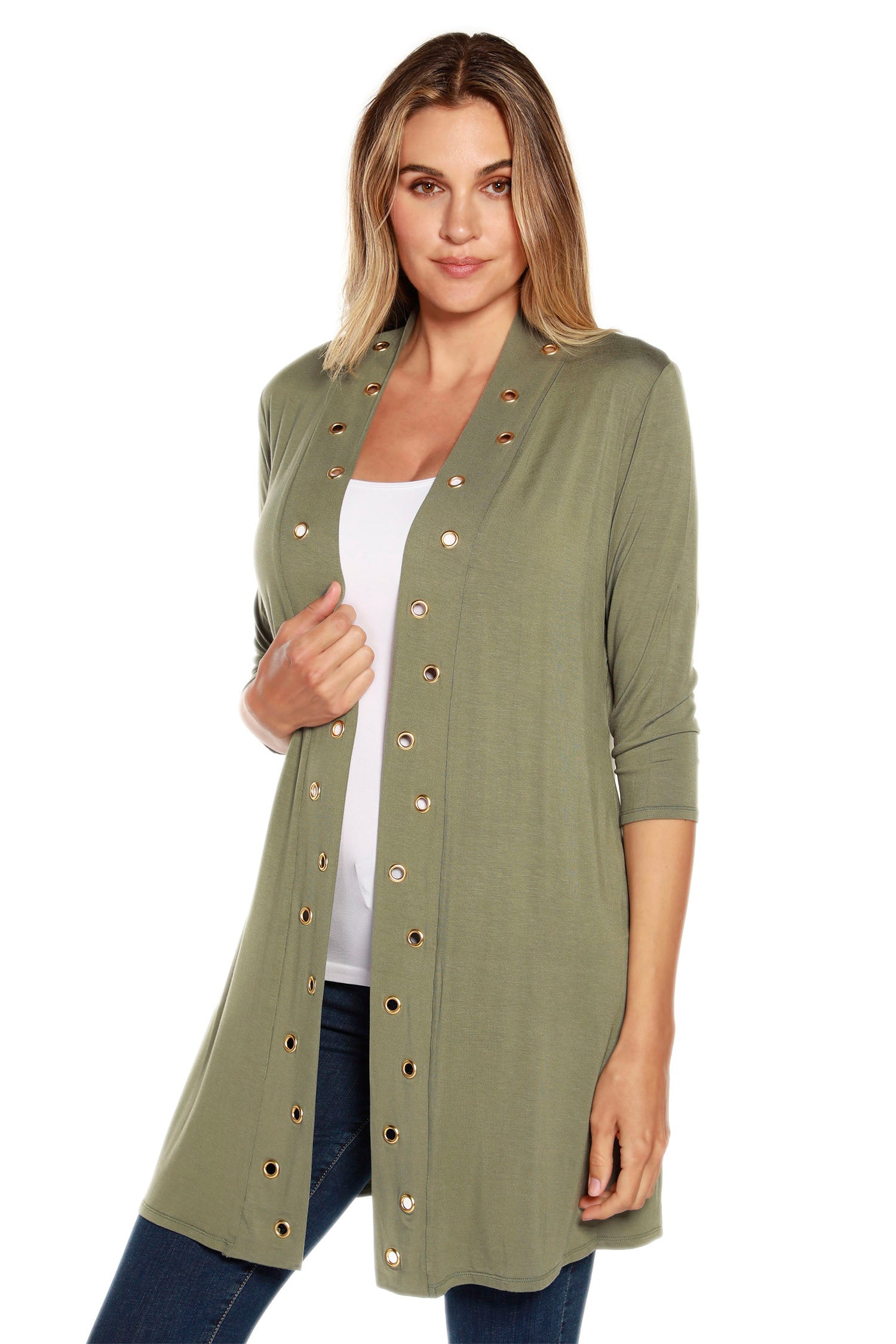 Women's 3/4 Sleeve Mid-Thigh Jersey Cardigan with Gold Grommet Trim