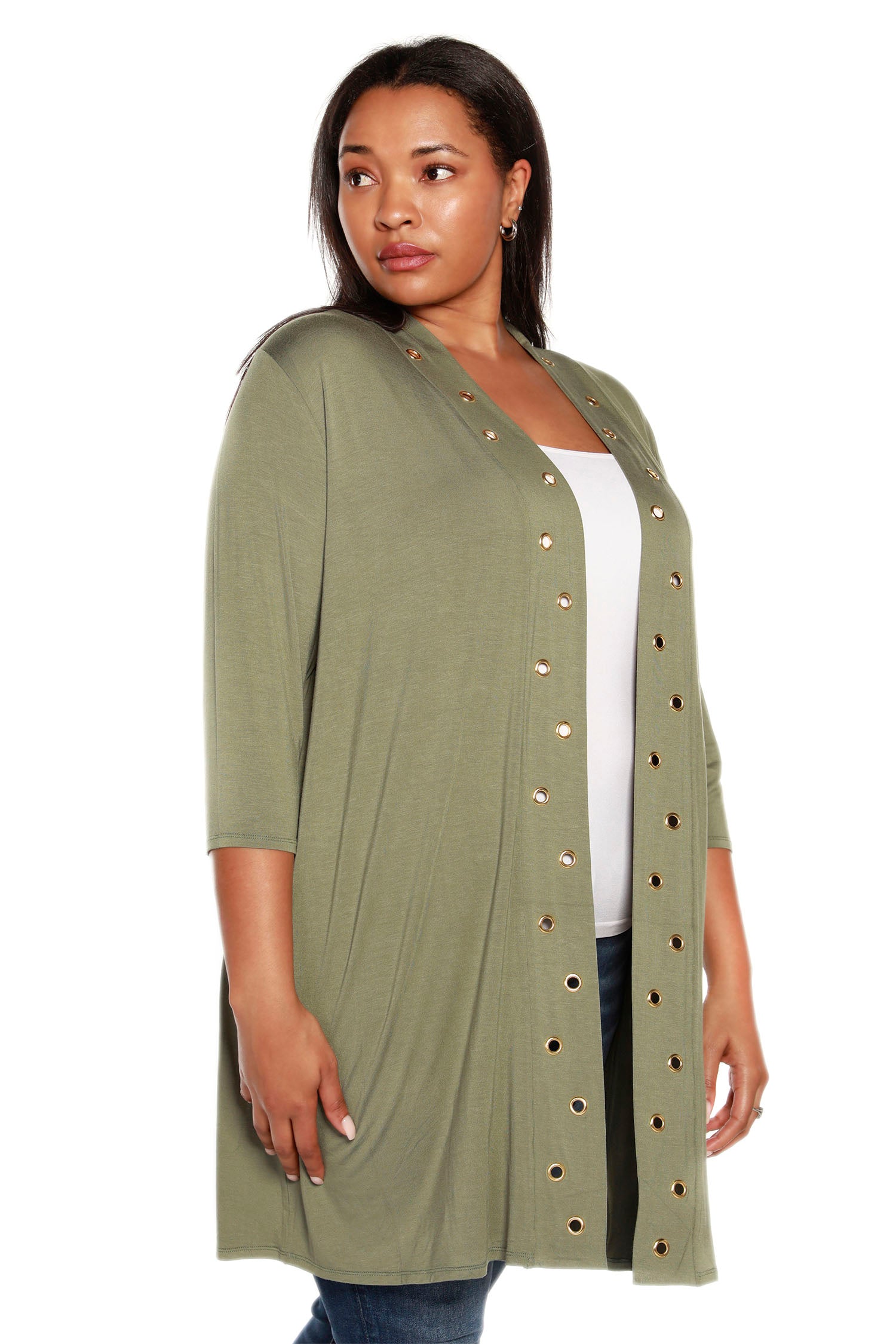 Women's 3/4 Sleeve Mid-Thigh Jersey Cardigan with Gold Grommet Trim | Curvy