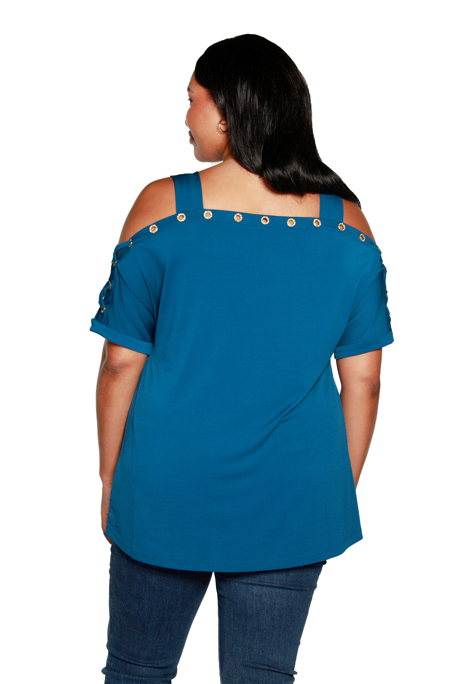 Women's Short Sleeve Cold Shoulder Top with Gold Rhinestone Lace Up Detail | Curvy