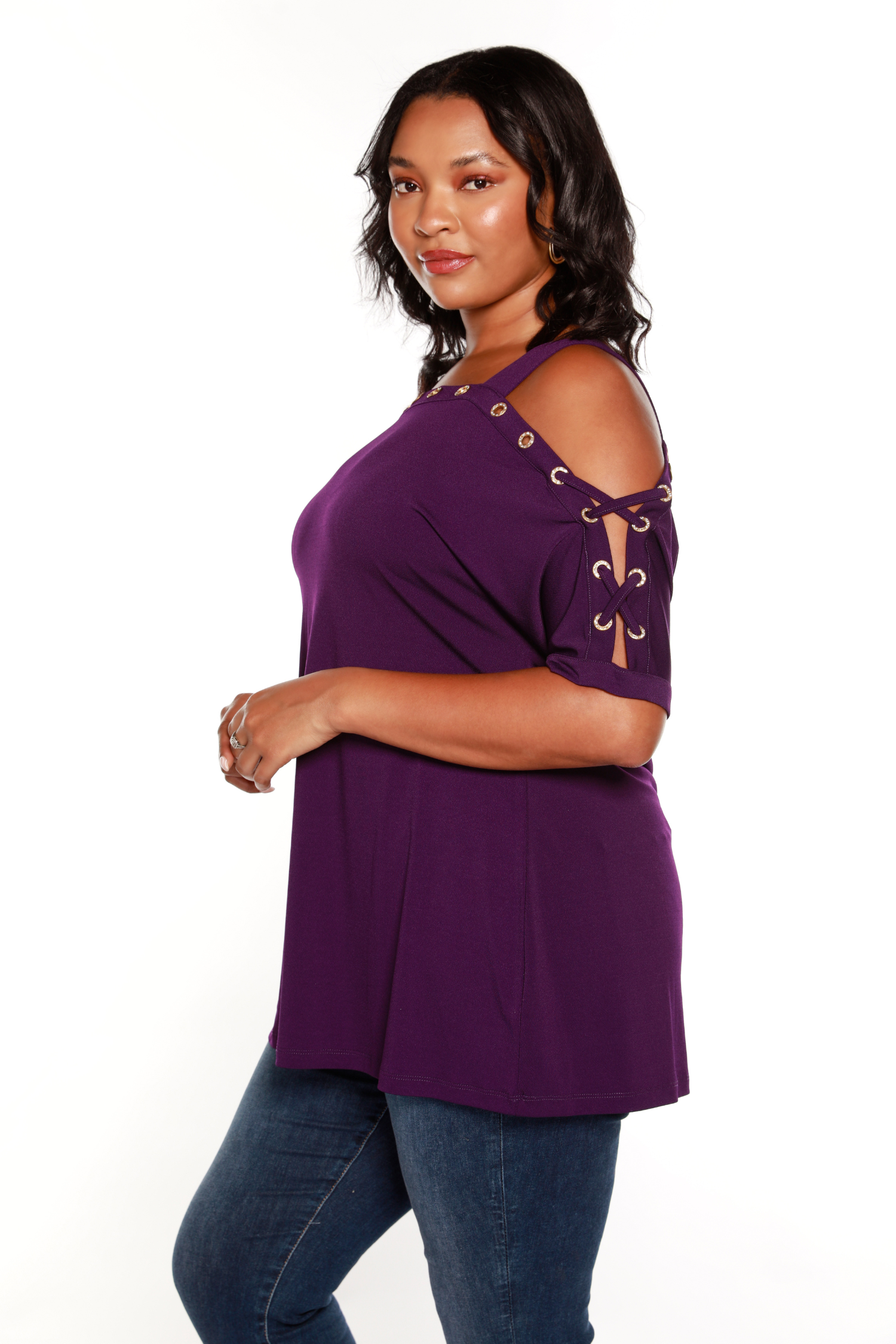 Women's Short Sleeve Cold Shoulder Top with Gold Rhinestone Lace Up Detail | Curvy
