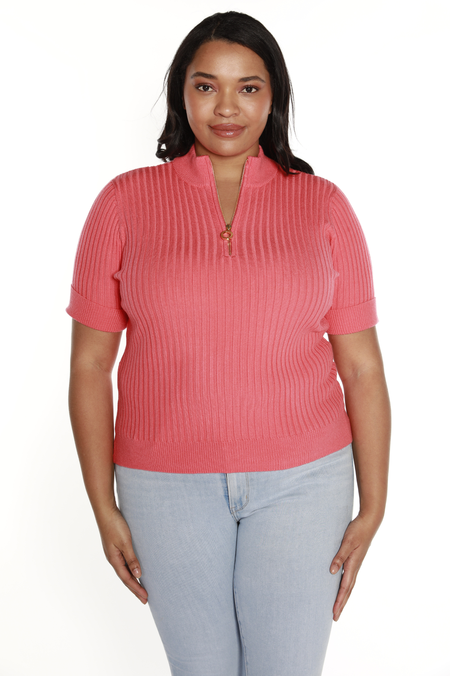 NEW COLORS Women's Pullover Sweater Top with Front Quarter Zip in a Ribbed Knit | Curvy