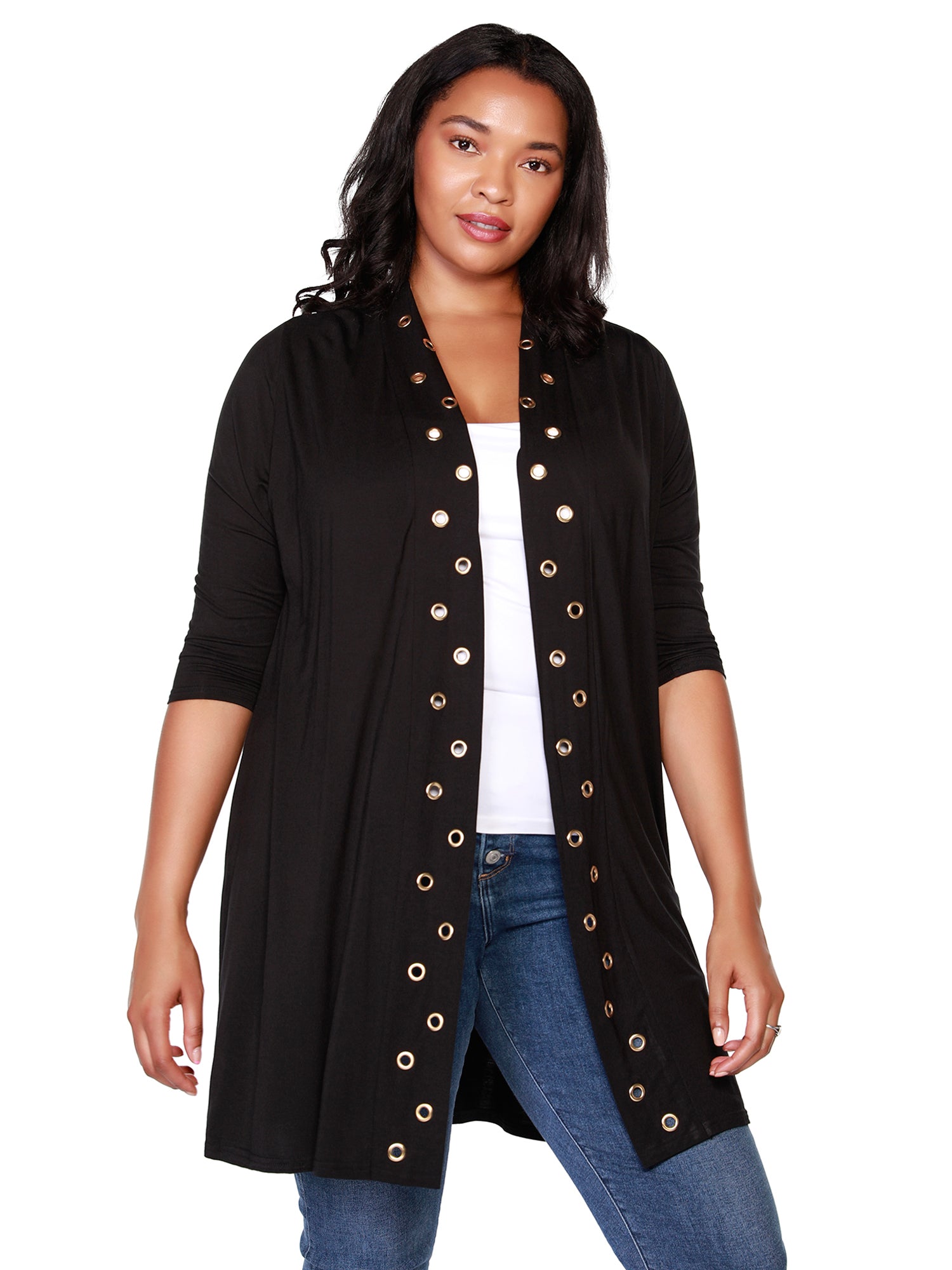 Women's 3/4 Sleeve Mid-Thigh Jersey Cardigan with Grommet Trim | Curvy