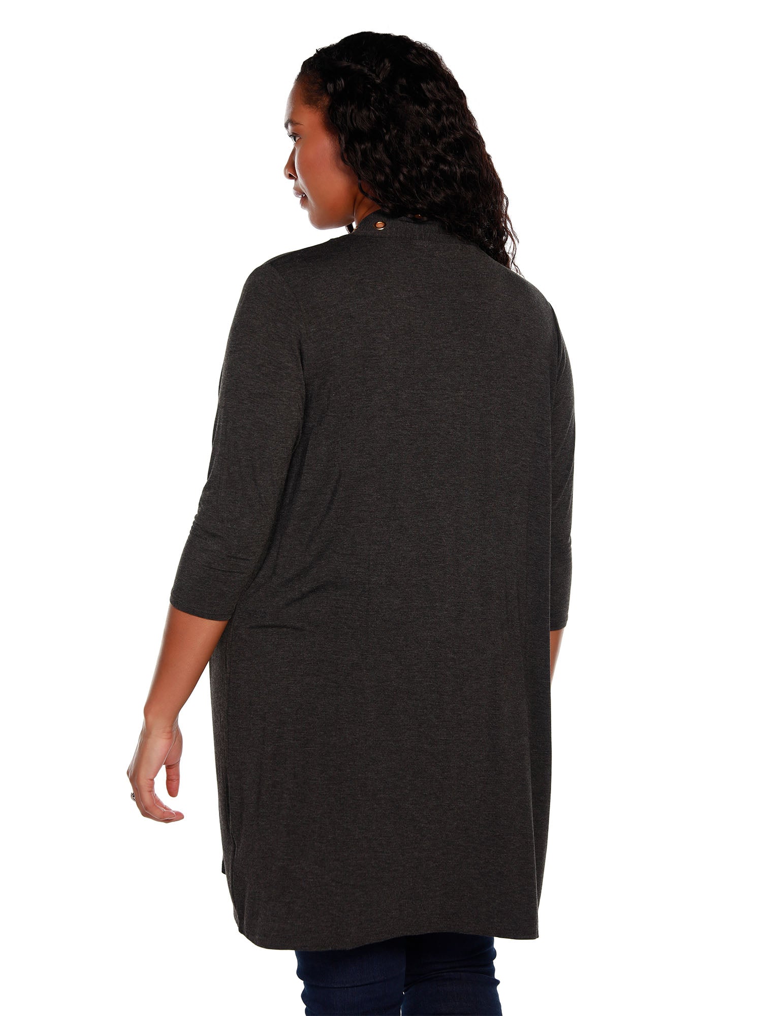 Women's 3/4 Sleeve Mid-Thigh Jersey Cardigan with Grommet Trim | Curvy