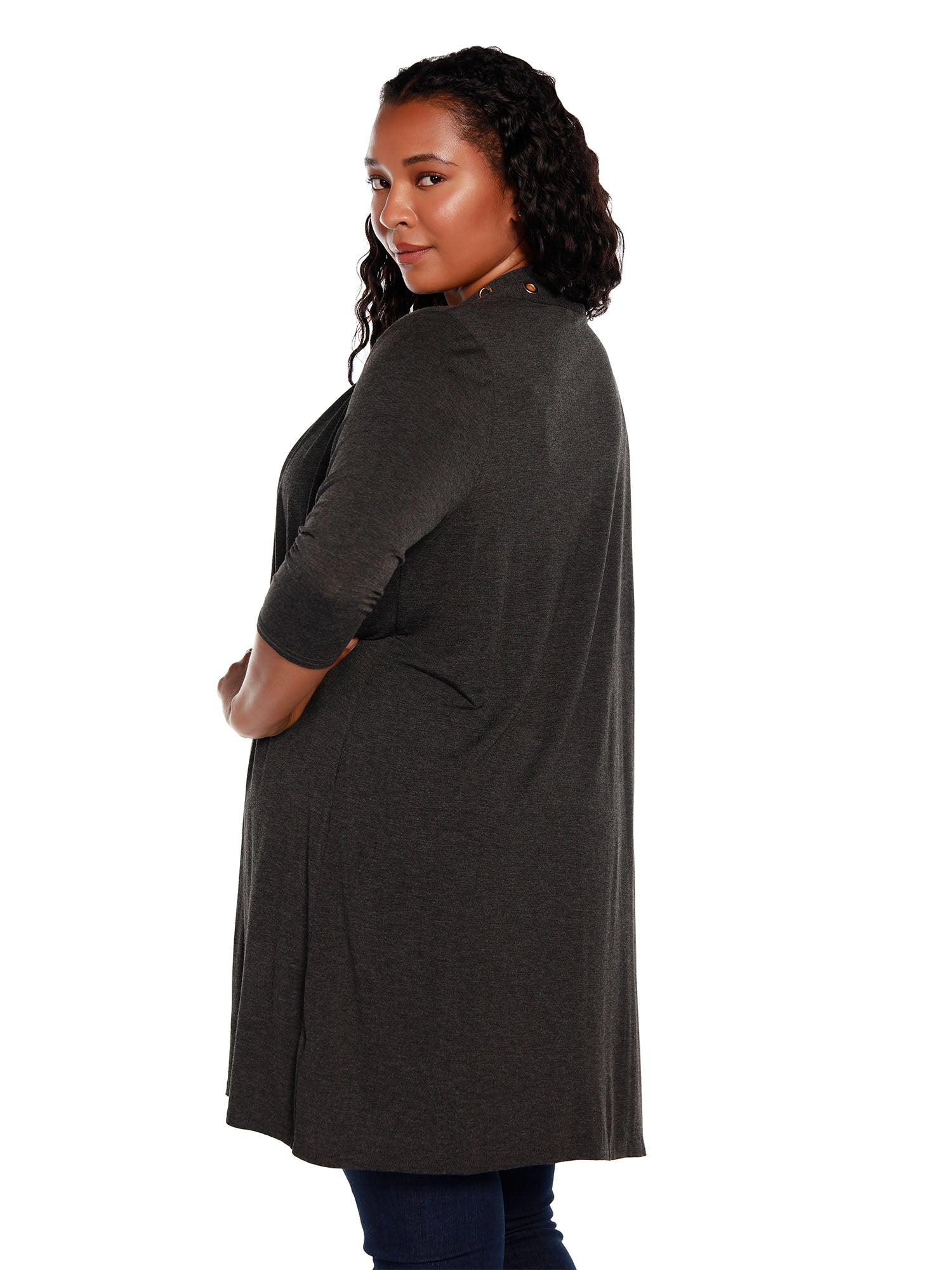 Women's 3/4 Sleeve Mid-Thigh Jersey Cardigan with Gold Grommet Trim | Curvy