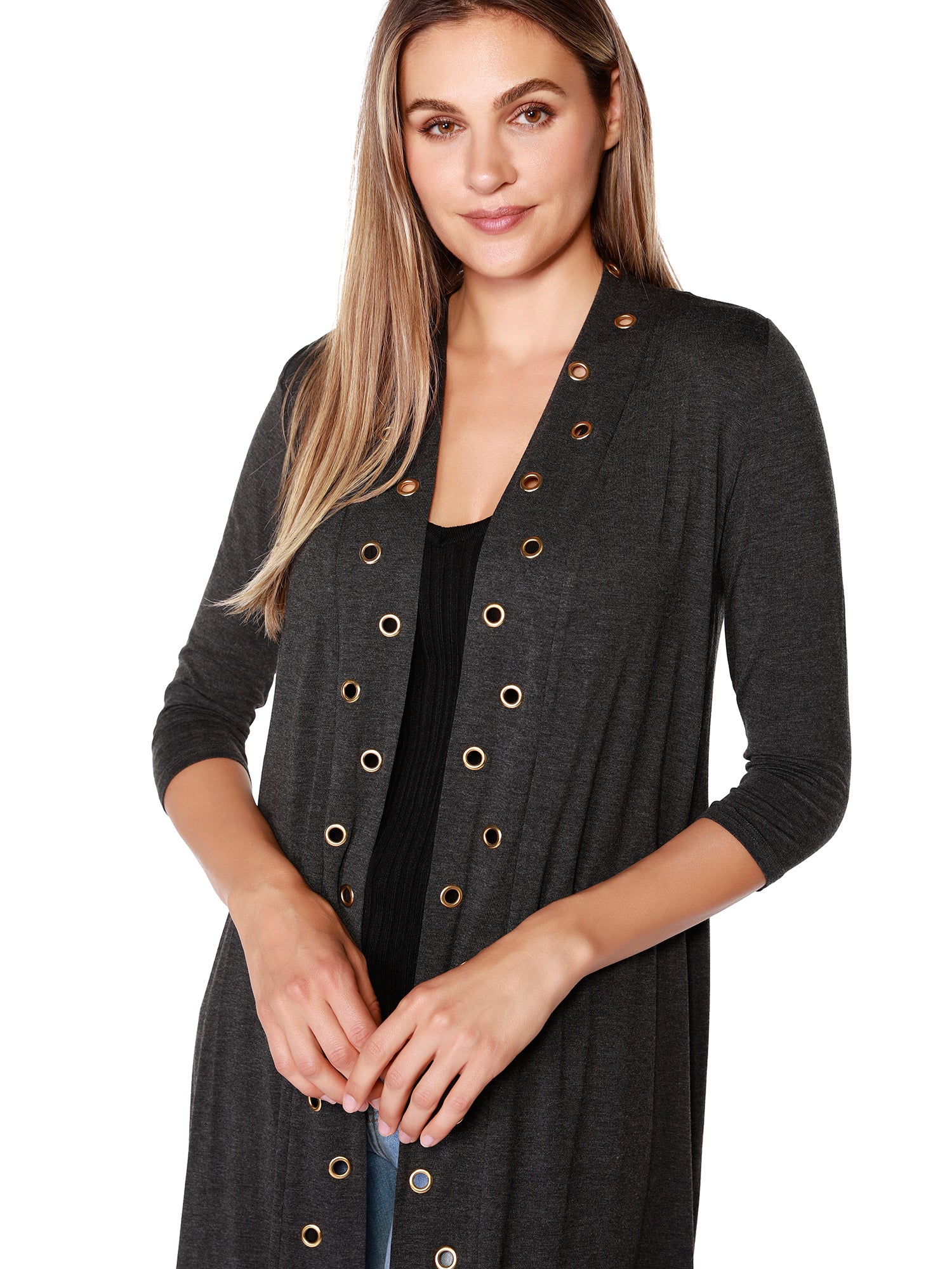 Women's Fashion Cardigan in a Soft Light Knit with 3/4 Sleeves and Grommet Trim