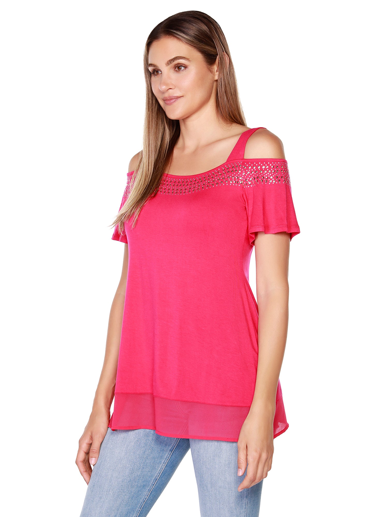 Women's Flutter Sleeve Cold Shoulder Pull Over Top with Stud and Sequin Trim