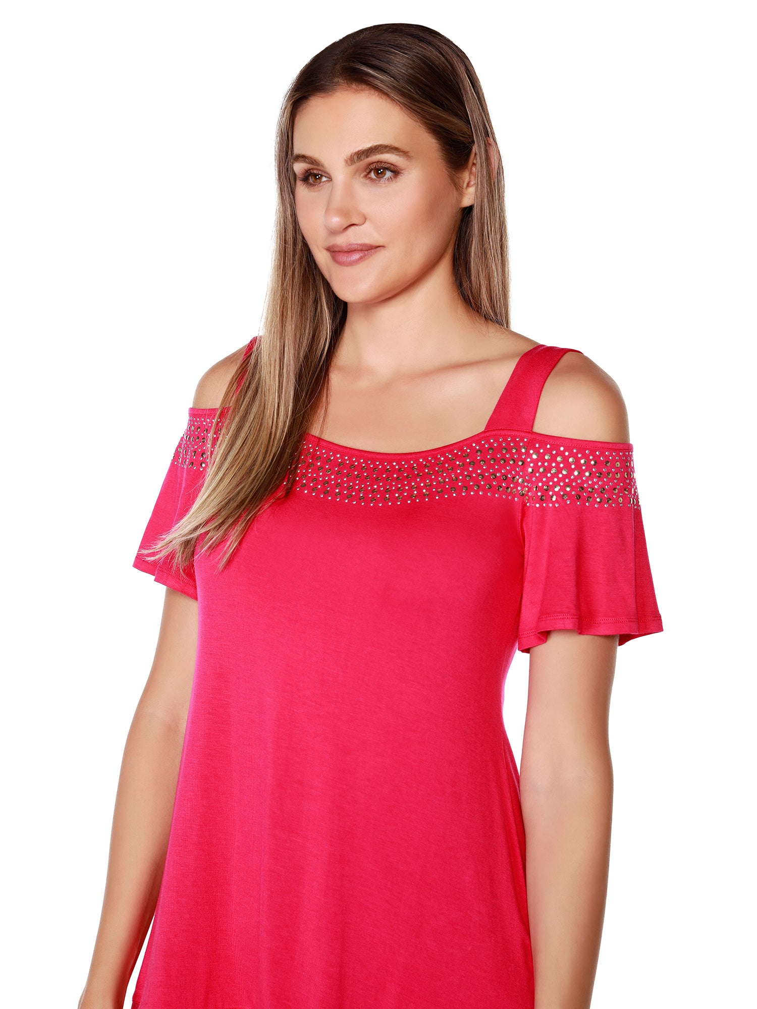 Women's Cold Shoulder Pull Over Top with Flutter Sleeves and Stud and Sequin Trim