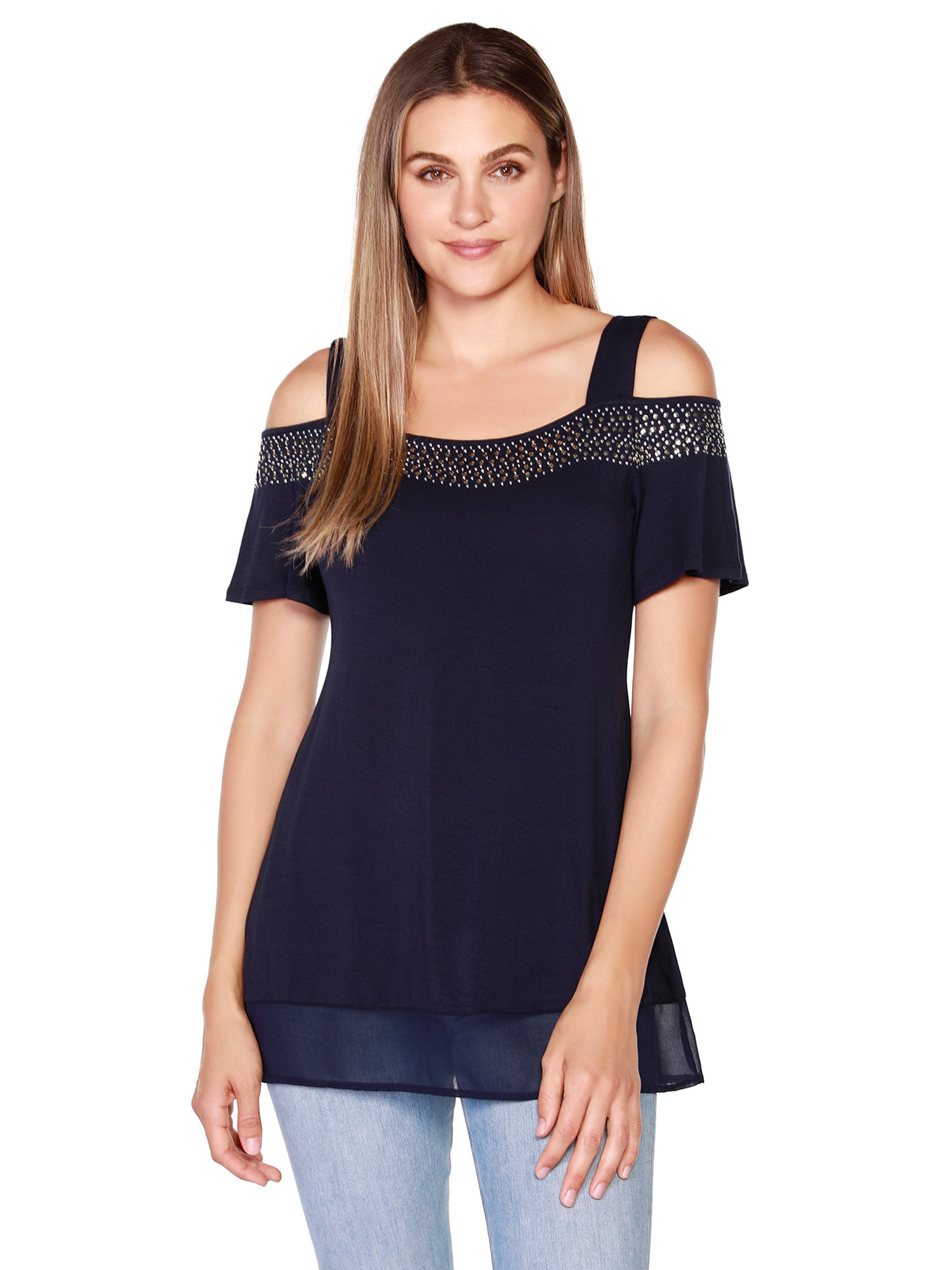 Women's Cold Shoulder Pull Over Top with Flutter Sleeves and Stud and Sequin Trim