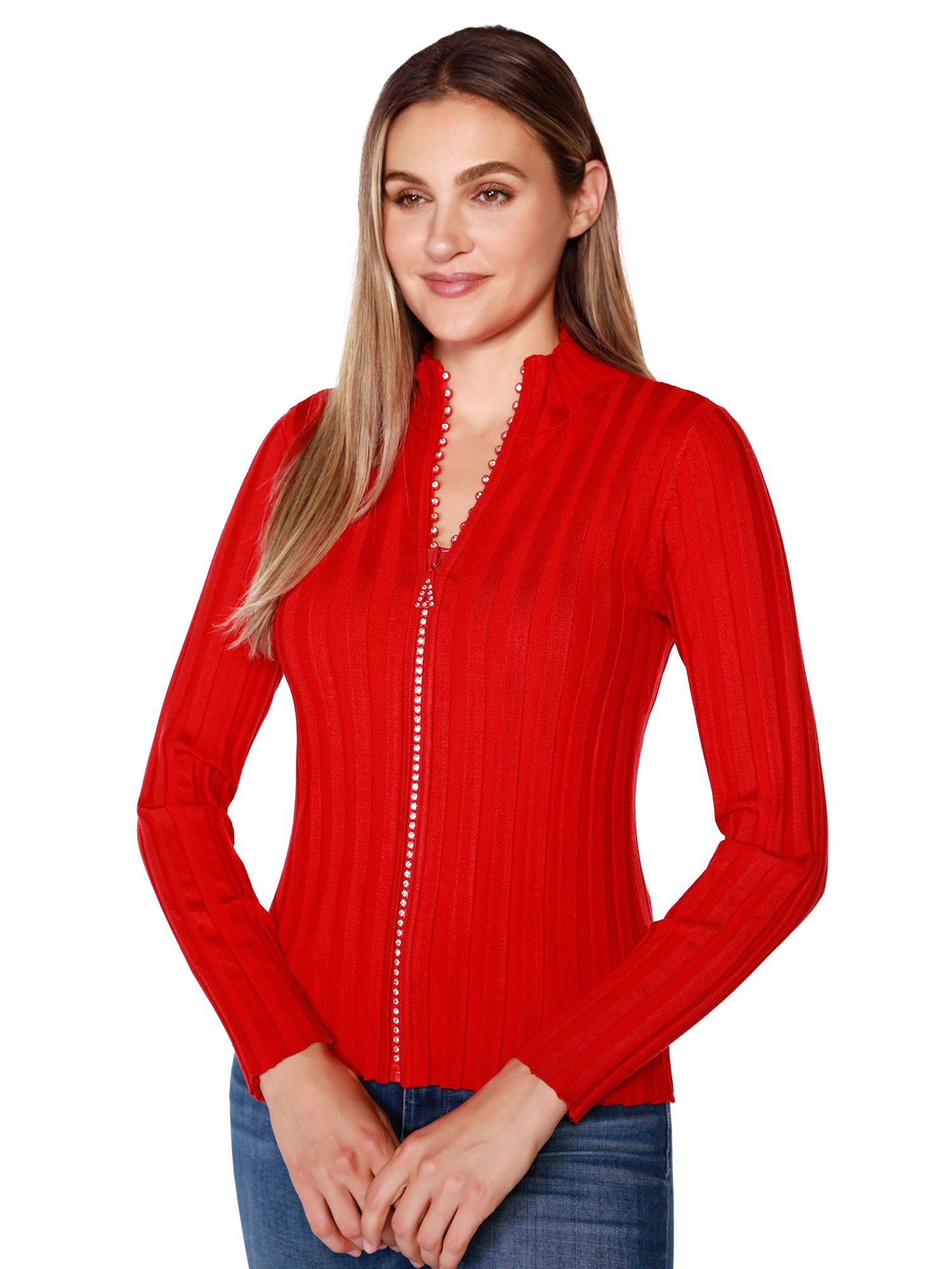 Women's Long Sleeve Zip Front Sweater with Mock Neck & Diamond Rhinestone Zipper