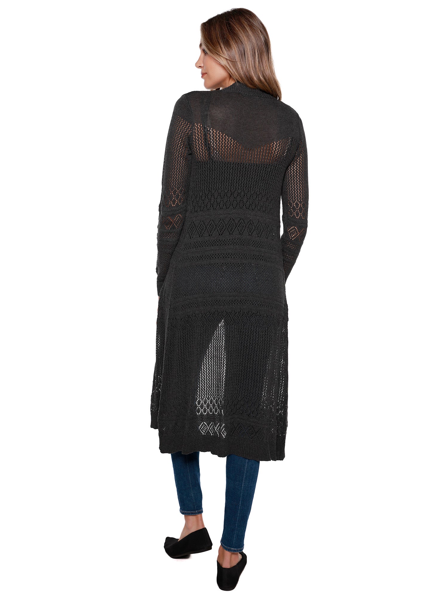 Cárdigan plumero para mujer con punto pointelle de crochet, mangas largas y frente abierto