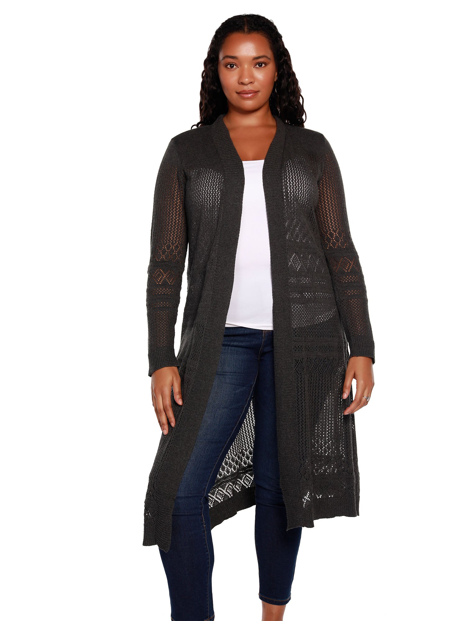 Women's Duster Cardigan in a Crochet Pointelle Stitch Long Sleeves and an Open Front  | Curvy