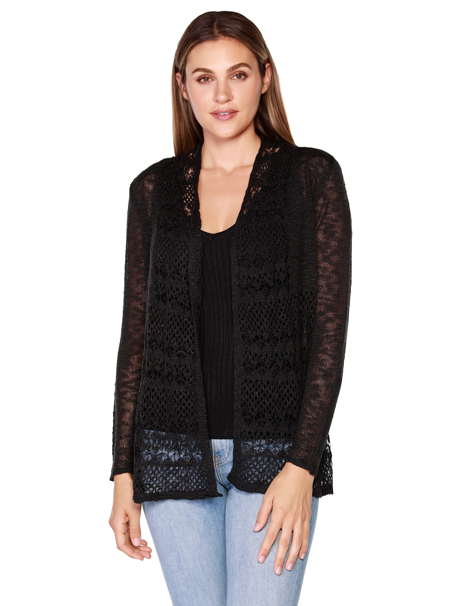 Women's Long Sleeve Crochet Swing Cardigan with Shawl Collar in a Soft Knit