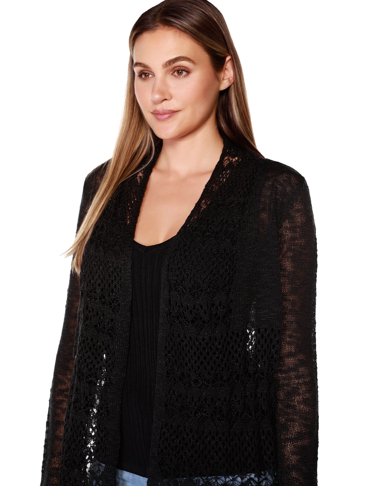 Women's Long Sleeve Crochet Swing Cardigan with Shawl Collar in a Soft Knit