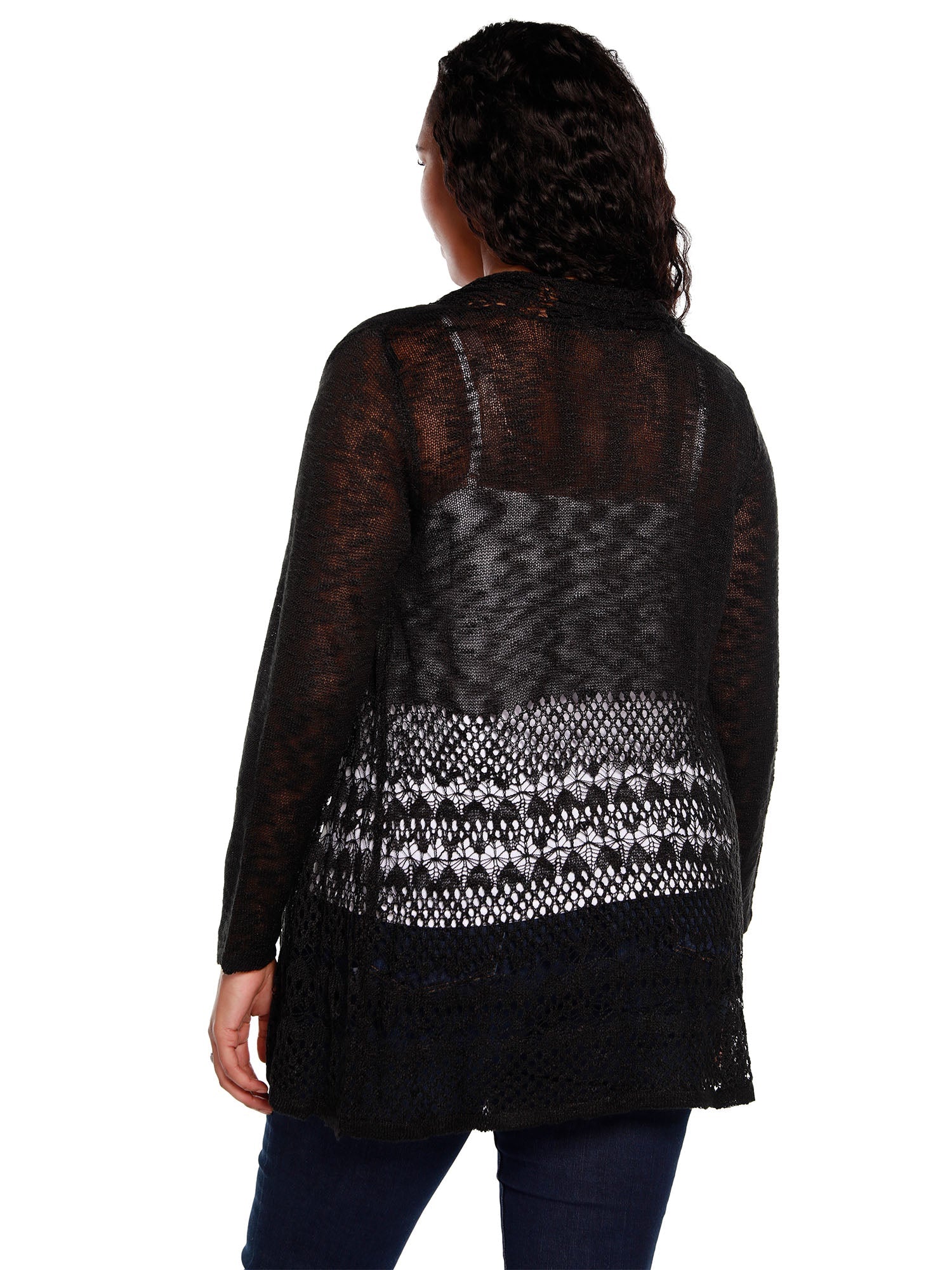 Women's Long Sleeve Crochet Swing Cardigan with Shawl Collar in a Soft Knit | Curvy