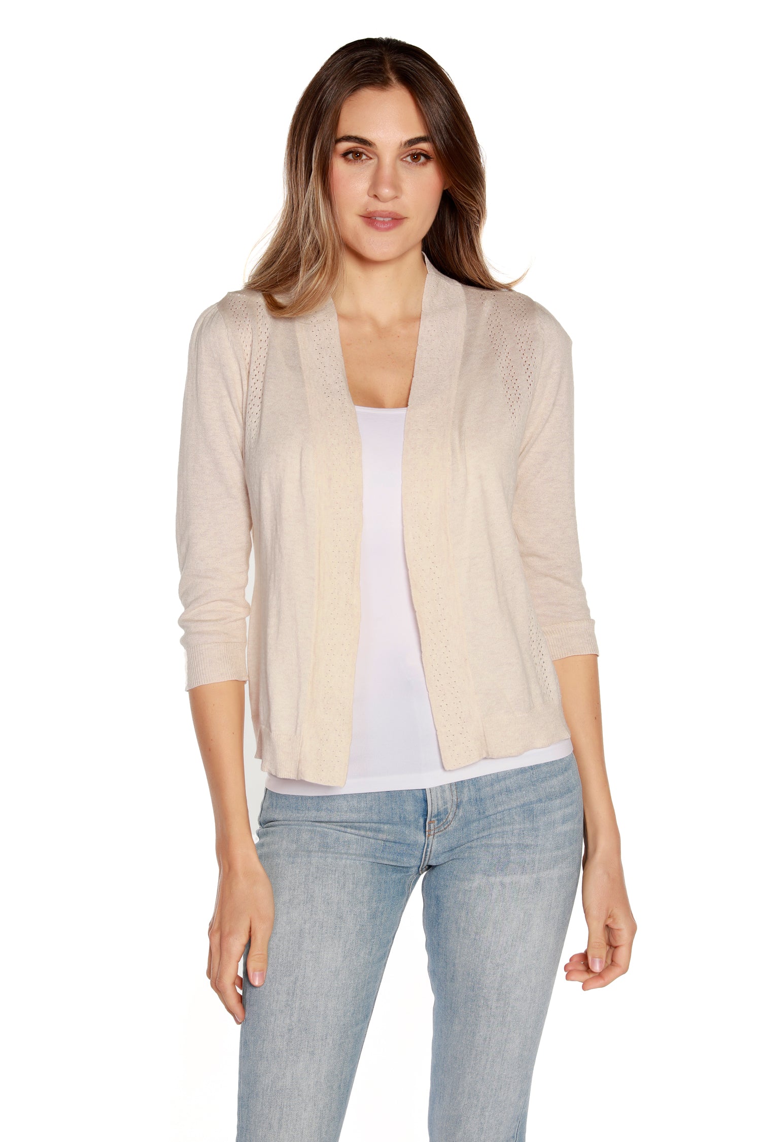 Women’s Light Cropped Cardigan Pointelle Sweater with 3/4 Sleeves