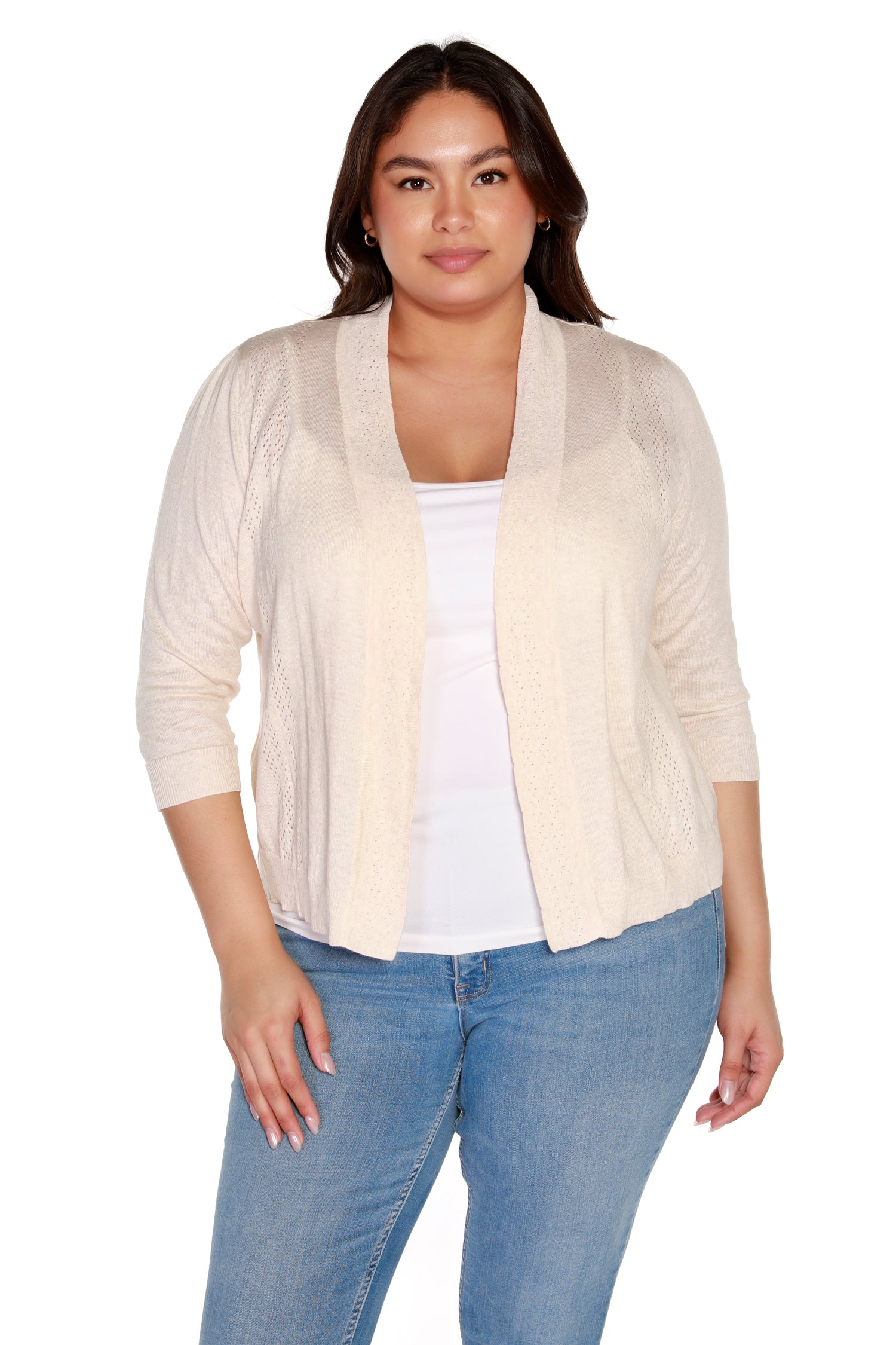 Women’s Light Cropped Cardigan Pointelle Sweater with 3/4 Sleeves | Curvy