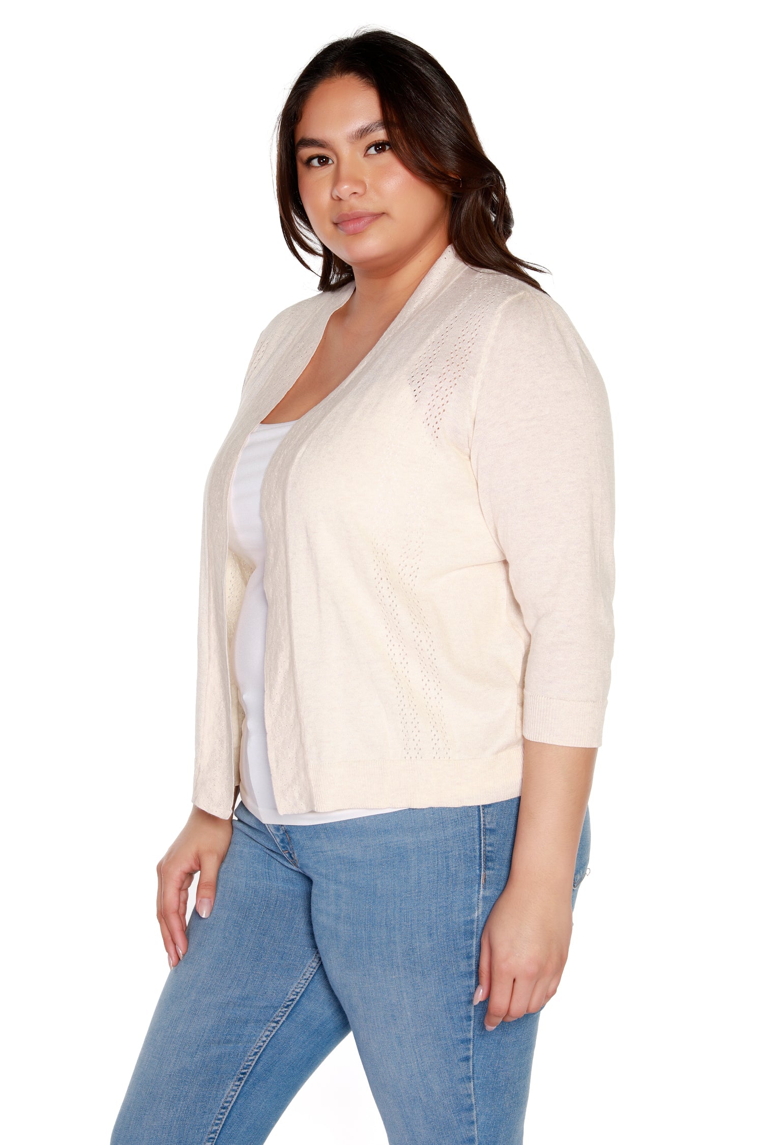 Women’s Cropped Cardigans with 3/4 Sleeves and Pointelle Stitch | Curvy