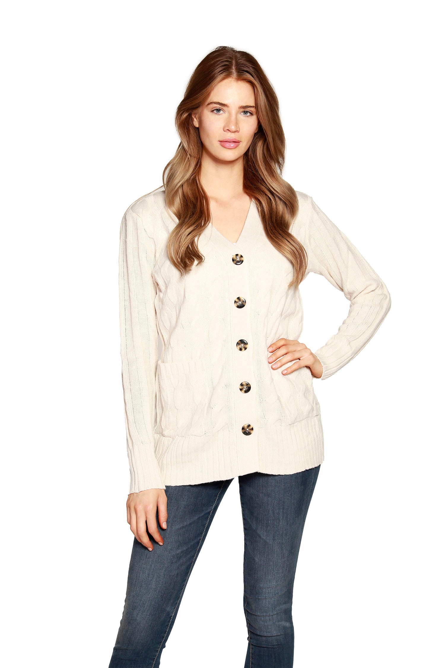 Women's Boyfriend Cardigan Button Front Cable Knit Sweater with Pockets