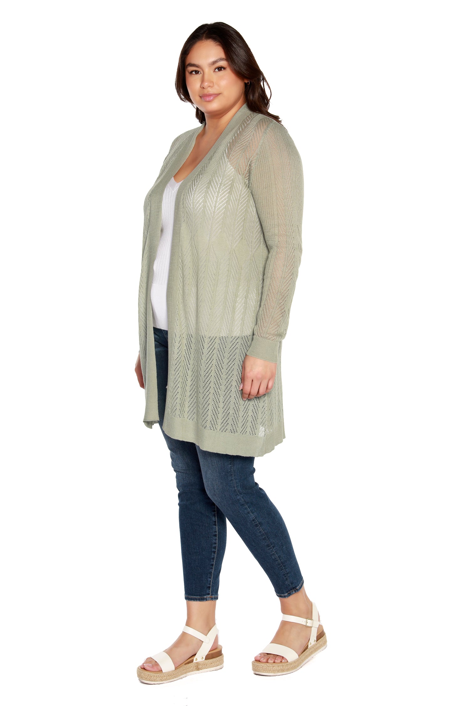 Women’s Sheer Long Cardigan with Crochet Chevron Stripes and Pointelle Stitch | Curvy