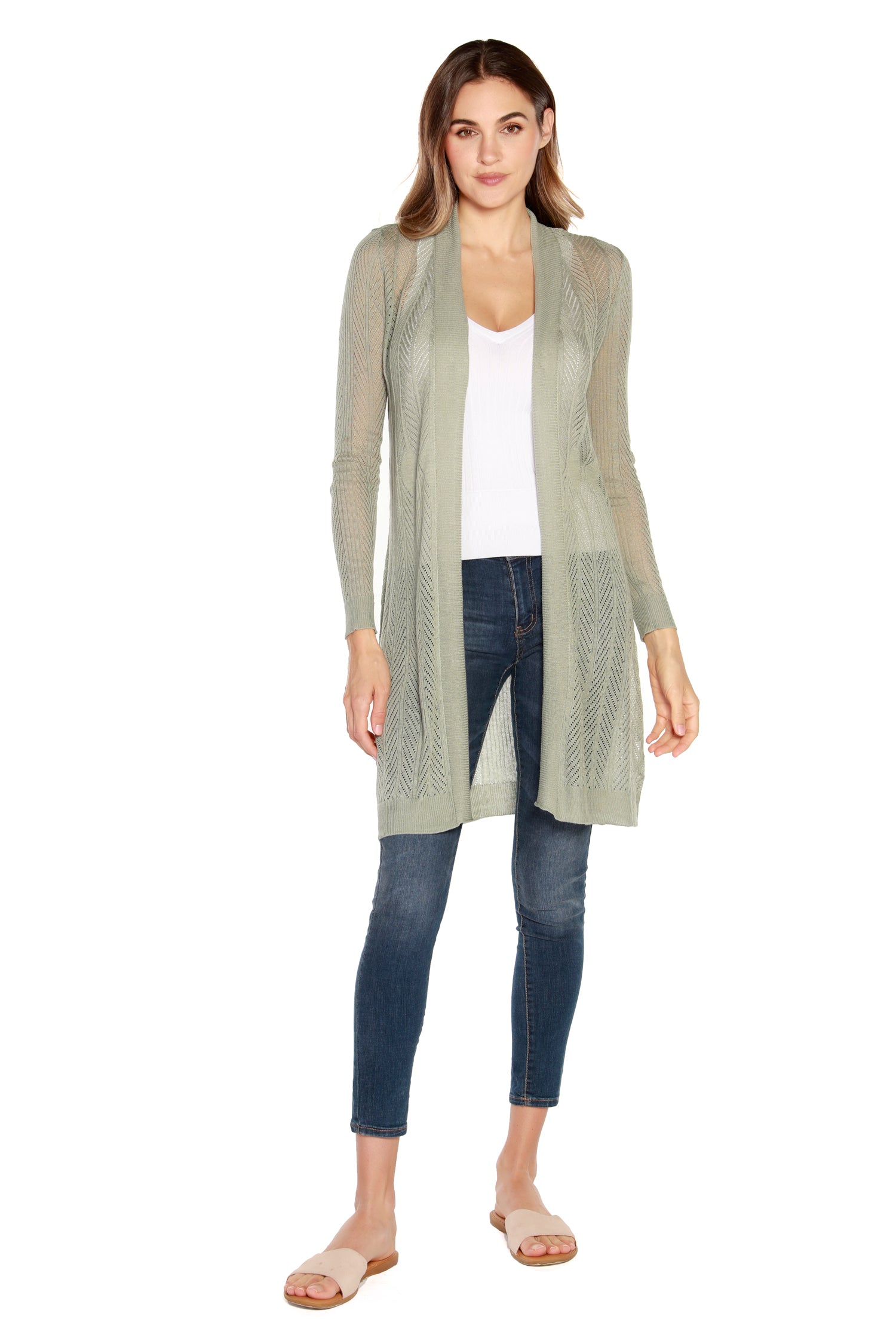 Women’s Sheer Long Cardigan with Crochet Chevron Stripes and Pointelle Stitch