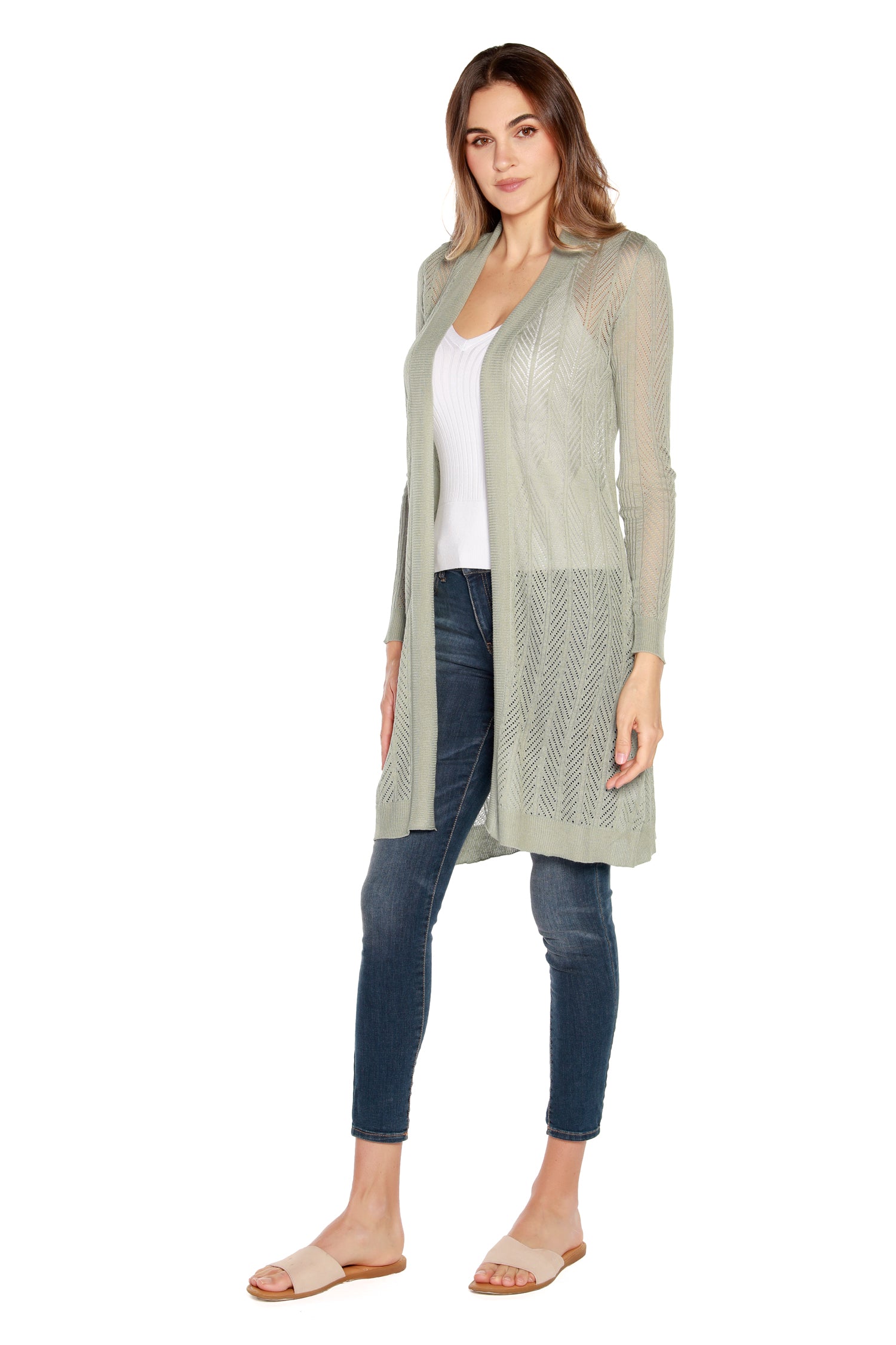 Women’s Sheer Long Cardigan with Crochet Chevron Stripes and Pointelle Stitch