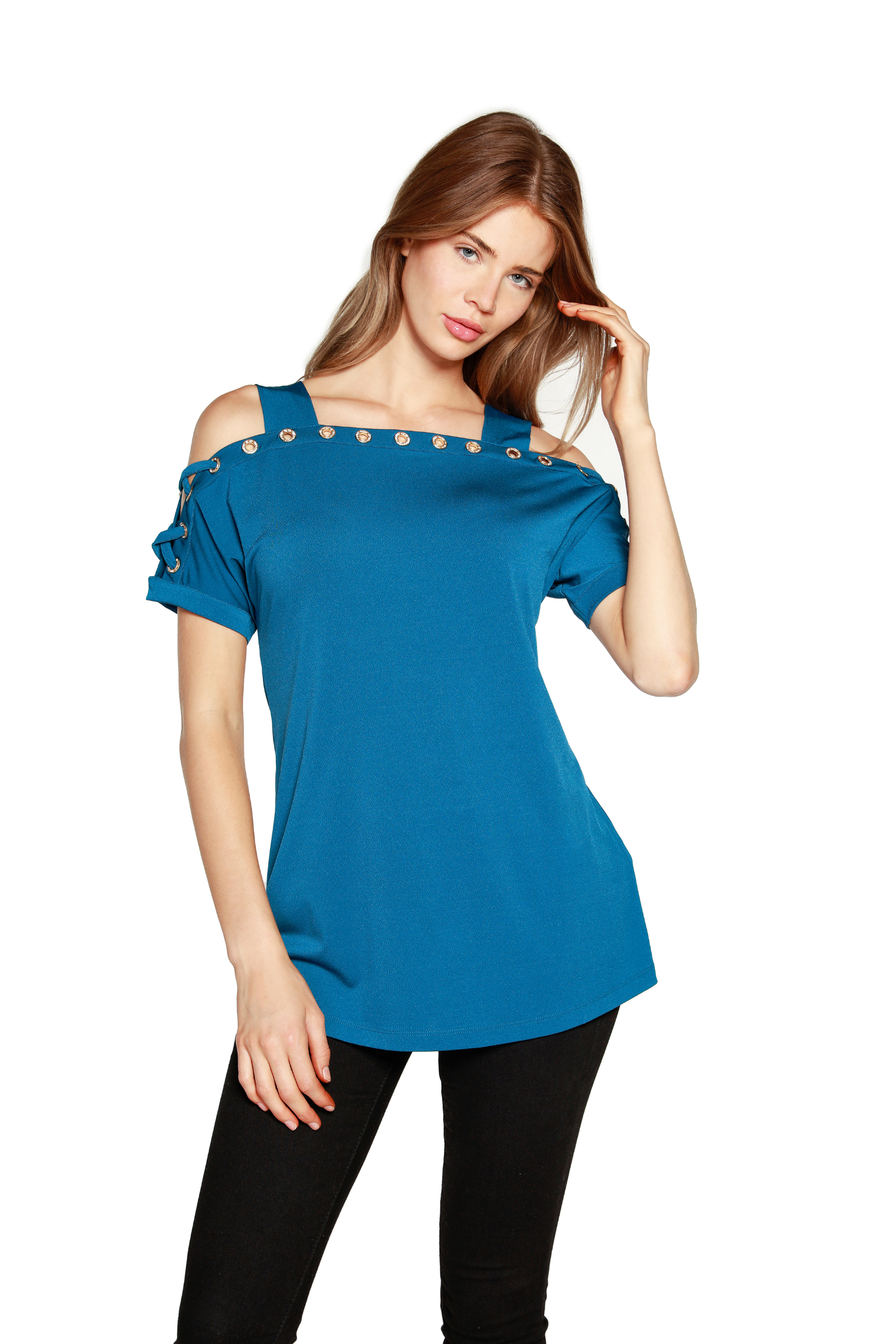 Womens Dressy Cold Shoulder Tunic Top with Laced Short Sleeves and Rhinestone Grommet Details