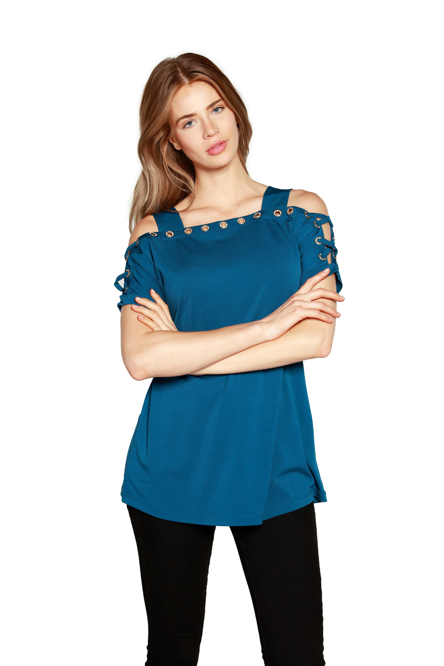 Women's Short Sleeve Cold Shoulder Top with Gold Rhinestone Lace Up Detail