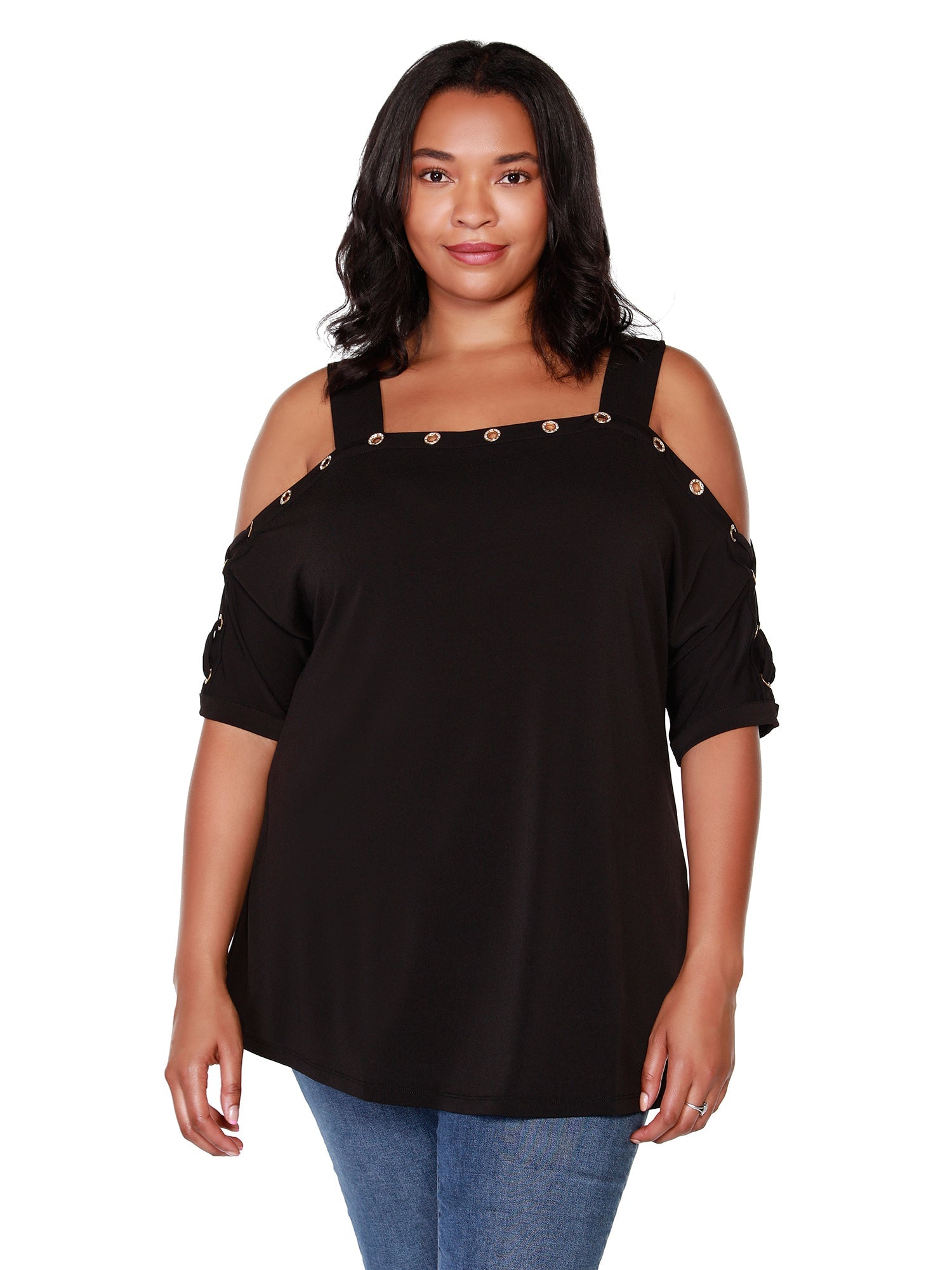 Womens Dressy Cold Shoulder Tunic Top with Laced Short Sleeves and Rhinestone Grommet Details | Curvy