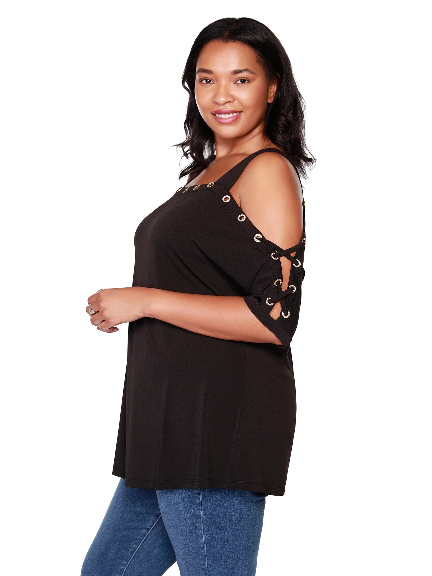 Womens Dressy Cold Shoulder Tunic Top with Laced Short Sleeves and Rhinestone Grommet Details | Curvy