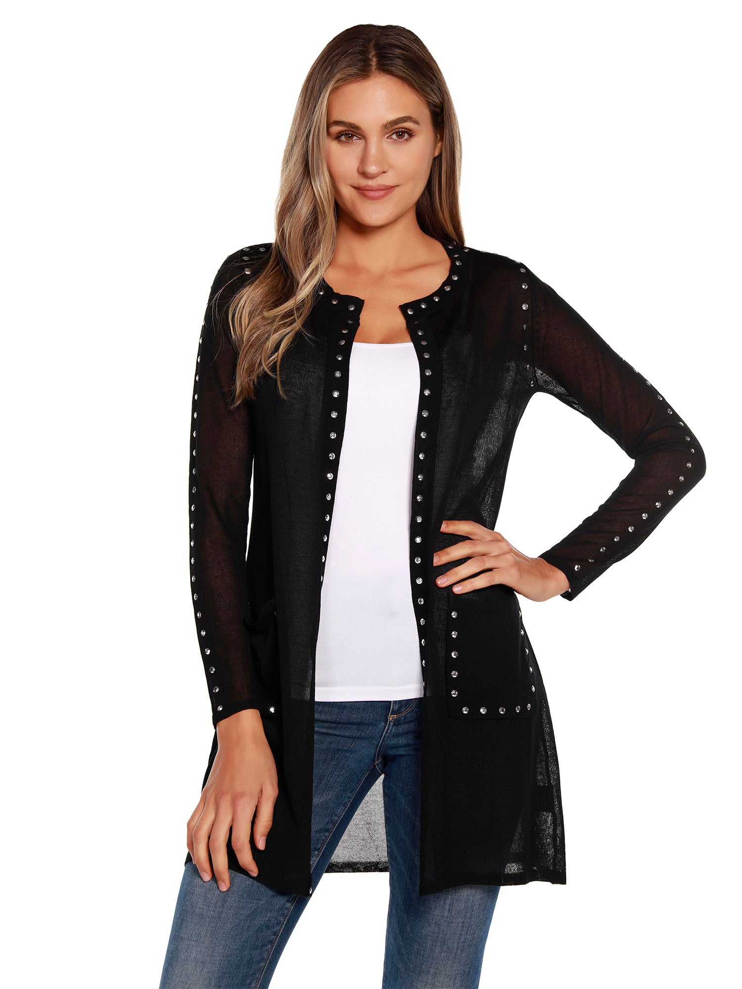 Women's Long Sleeve Sheer Cardigan with Rhinestud Trim and Pockets