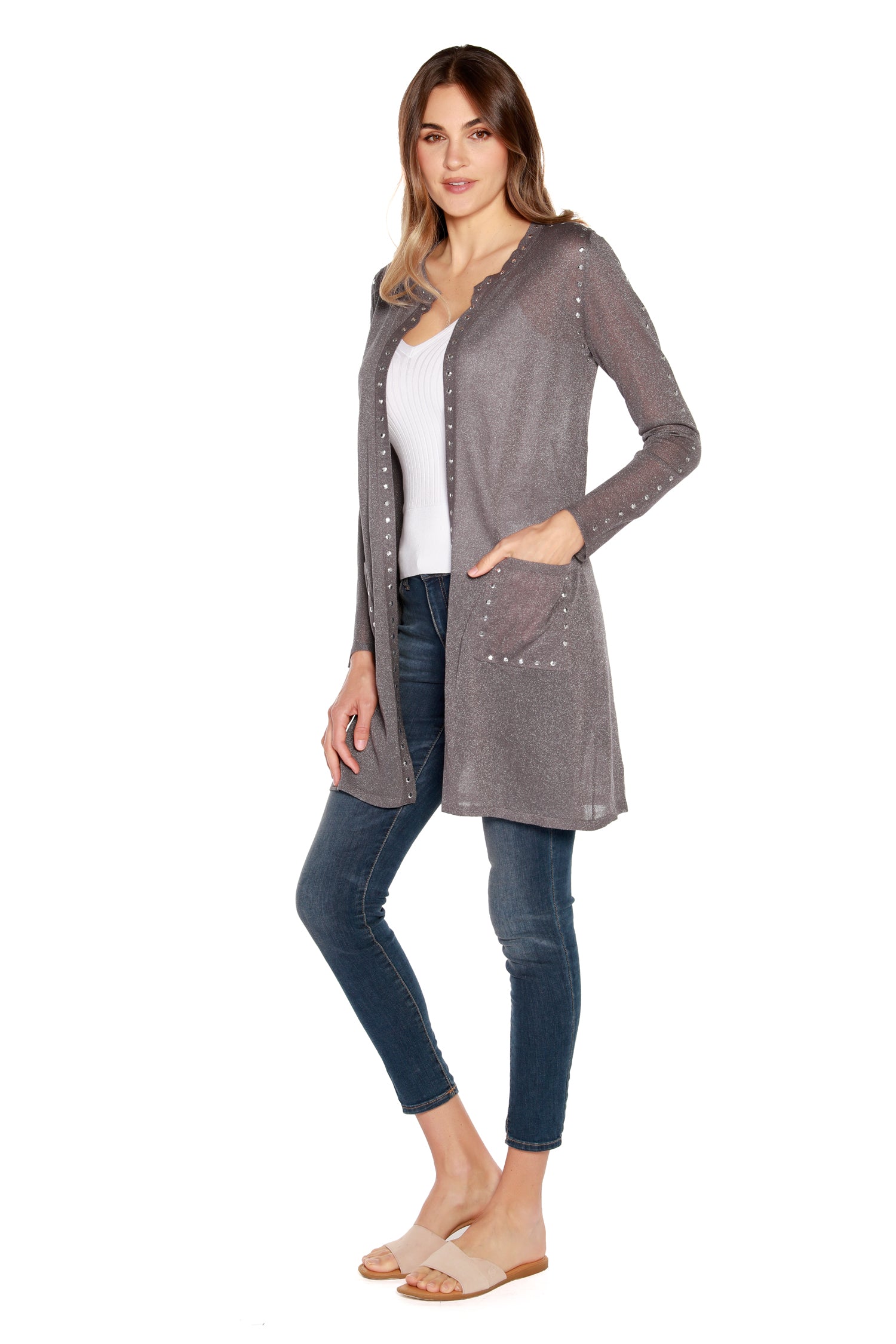 Women's Long Sleeve Sheer Cardigan with Rhinestud Trim and Pockets